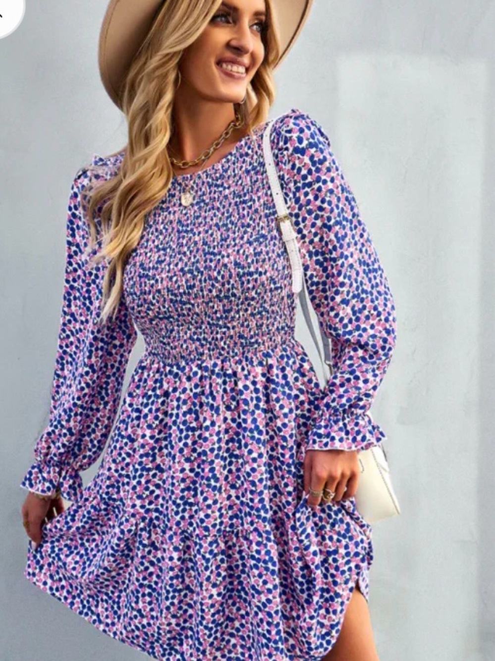KIRUNDO Floral Smocked Long-Sleeve Dress in Pink and Blue